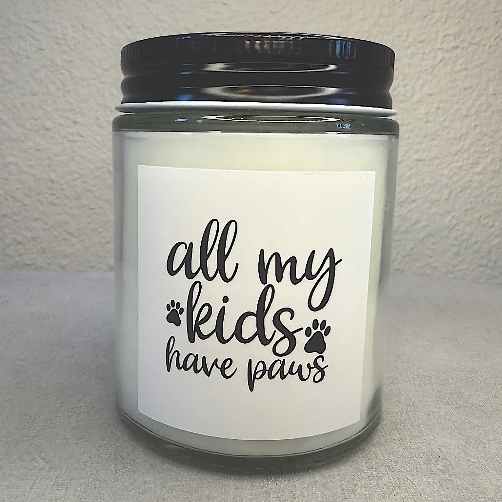 Glass Candle - Peony Petals — “All My Kids Have Paws” - 8oz, Overjoyed Boutique